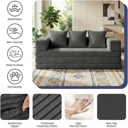 Convertible Sofa Bed Couch, 78’’ Oversized 4-in-1 Boneless Couches with Removable Armrests Backrest, Corduroy Futon Sofa Bed, Foldable Mattress Sleeper Sofa for Living Room Bedroom (Grey)