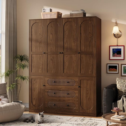 TOKSOM 4 Doors Freestanding Armoire Wardrobe Closet, 72" Walnut Wardrobe Armoire Wooden Closet Large Capacity Storage with 3 Drawers & 3 Hanging Rod Shelves Clothes Organizer
