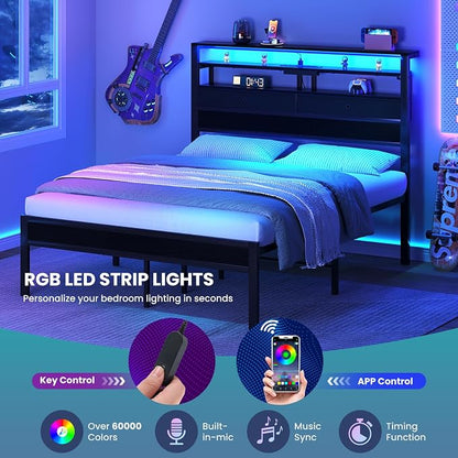 Sweetcrispy Bed Frame Queen Size with LED Lights and Charging Station, Sturdy Platform Beds Frame with Storage Drawers, 3-Tier Shelves and Under Bed Storage, No Box Spring Needed, Black