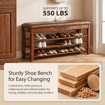 Shoe Rack Bench Entryway Storage with Leather Cushion, Shoe Organizer Bench for Entryway, Front Doors Entrances Hallway,Mudroom,Closet, Bedroom,Solidwood 3 Height-Adjustable Removable Shelve,47.2"