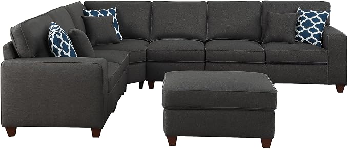 Ball & Cast 116" L-Shaped Sectional Couch with Movable Ottoman and 6 Throw Pillows,7 Seat Chenille Upholstered Sectional Sofa W/Wide Armrest,DIY Combination,Comfy Sectionals Set for Living Room,Gray