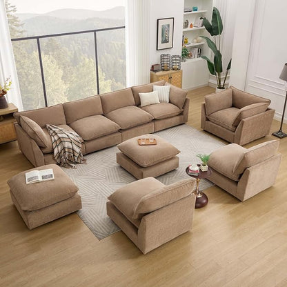 Iroomy Modular Sectional Sofa, Oversized Chenille Cloud Couch, Deep Comfy Seat, 3-Seater Sofas Couches for Living Room, Khaki