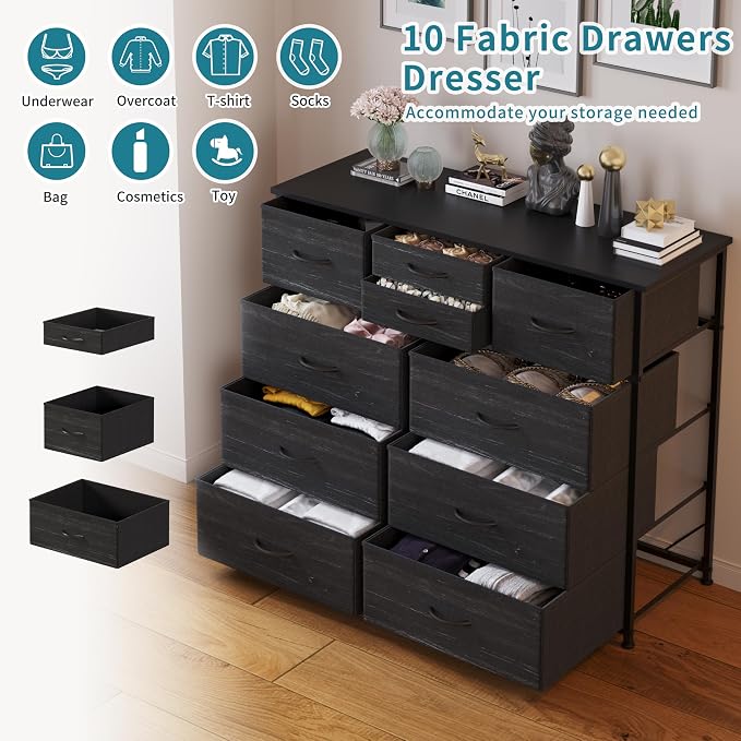 LUMTOK 10-Drawer Dresser, Fabric Storage Tower with Drawers for Bedroom, Dresser Drawer with Handle for Bedroom, Living Room, Hallway, Closets & Nurseryteel Frame, Wood Top (Black Wood Veins)