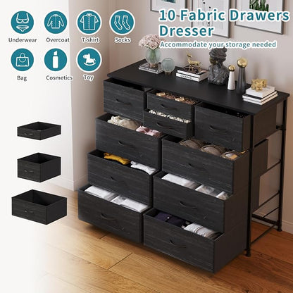 LUMTOK 10-Drawer Dresser, Fabric Storage Tower with Drawers for Bedroom, Dresser Drawer with Handle for Bedroom, Living Room, Hallway, Closets & Nurseryteel Frame, Wood Top (Black Wood Veins)