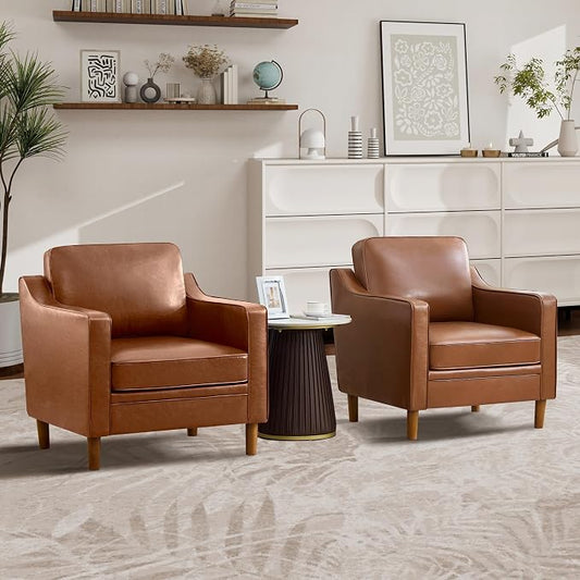 Kingfun Accent Chair Set of 2, Living Room Chairs, Faux Leather Reading Armchair, Mid Century with Solid Wood Foot, Upholstered Modern Decor for Bedroom, Apartment