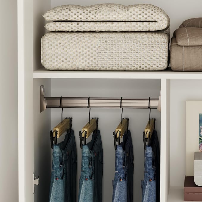Homsee 63" W Wardrobe Closet Armoire with 4 Glossy Doors, Wooden Bedroom Clothing Storage Cabinet with 3 Hanging Rods & 10 Storage Compartments, White