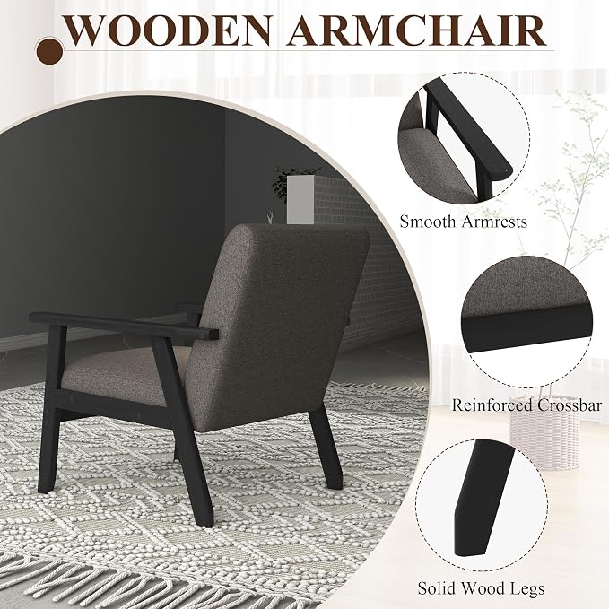Westice Accent Chair Set of 2, Mid-Century Modern Living Room Chairs with Solid Wood Frame & Soft Thicken Cushion, Upholstered Arm Reading Chair for Bedroom, Balcony, Grey Linen Fabric & Black Legs