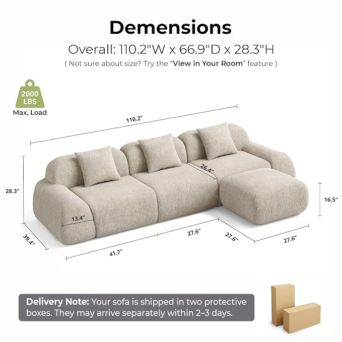 LIKIMIO LumiPebble Modular Sectional Sofa with Ottoman, 110" L-Shaped Boneless Couch for Living Room, Deep Seat with LuxeChenille Upholstery, No Assembly Required, Oatmeal