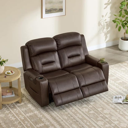 Watson & Whitely Genuine Leather Power Loveseat Recliner Sofa, Lay Flat Loveseat Reclining Sofa with Power Headrest, Cup Holders, USB & Type-C Ports, Dual Recliners for Living Room, Dark Brown