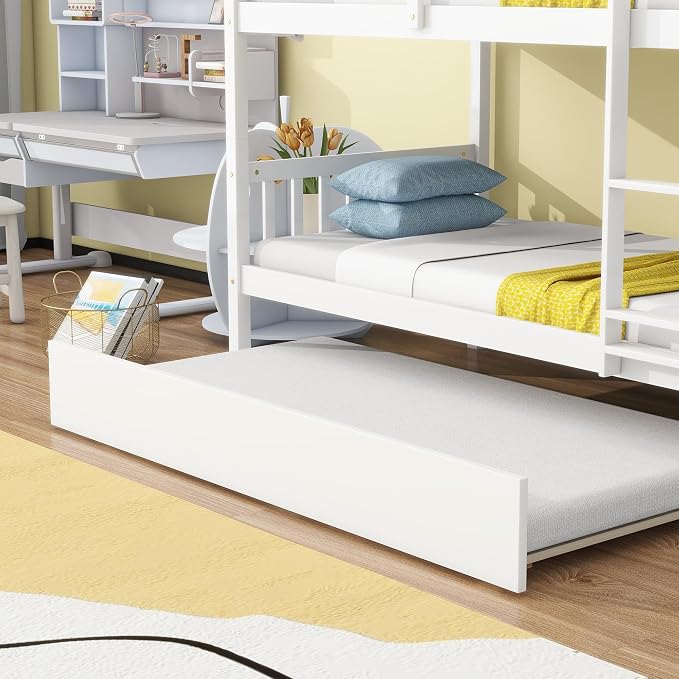 Merax Twin-Over-Twin Bunk Bed with Movable Trundle, Solid Wood Detachable Bunk Bed with Safety Guardrial and Ladder, Can be Converted Into 3 Separate Beds(White)