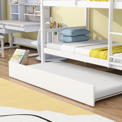 Merax Twin-Over-Twin Bunk Bed with Movable Trundle, Solid Wood Detachable Bunk Bed with Safety Guardrial and Ladder, Can be Converted Into 3 Separate Beds(White)
