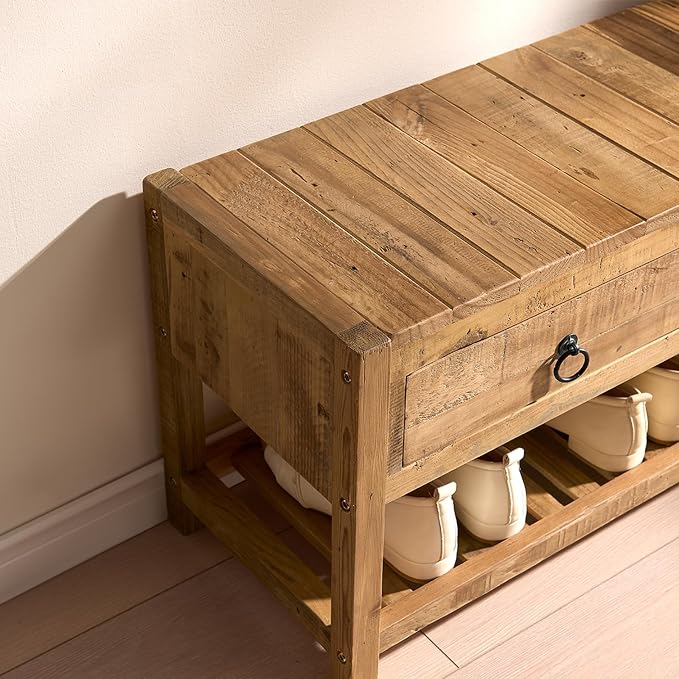 Wnutress 31.3" Reclaimed Solid Wood Benches with 2 Drawers & Slatted Storage Shelf, Rustic Farmhouse Long Entryway Bench Seat for Indoor, End of Bed, Living Room, Hallway, Natural Finsh