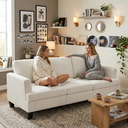 Modern 3 Seater Sofa for Living Room with Soft Deep Seats, Sofa 3 Seater in Linen, Upholstered Apartment Sofa with Armrests, Comfy Cozy Sofas for Bedroom (Corduroy, White)