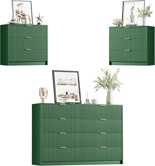 Furniway Green Dresser Bedroom Set 3 Pieces, Nightstands Sets of 2, 8 Drawer Dresser with Gold Handles for Bedroom