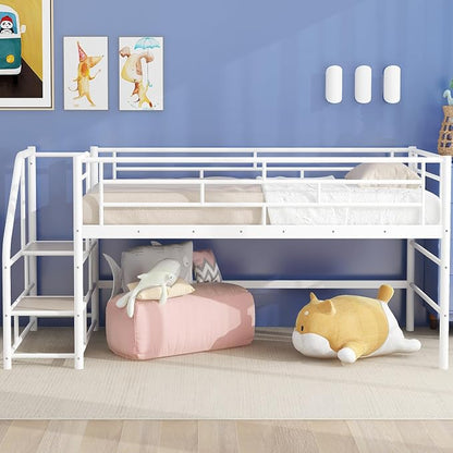 Twin Size Low Loft Bed for Kids,Metal Loft Bed Frame with Stair for Boys Girls,Kids Loft Bed Twin Size with Storage Steps,White