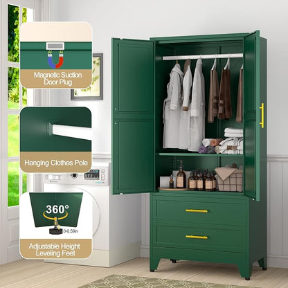 GAIOUS 71" Metal Armoire Wardrobe Closet, Metal Wardrobe Cabinet with Hanging Rod (Green)