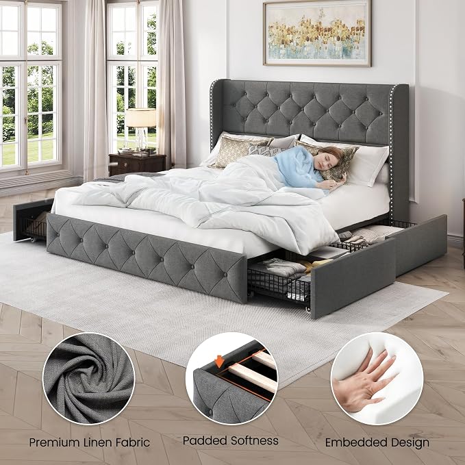 LARMACE Queen Size Platform Bed Frame with 4 Storage Drawers and 47.2" Tall Tufted Headboard Linen Upholstered Bed Wingback Bed Frame with Wooden Slats Support, Easy Assembly, Light Grey