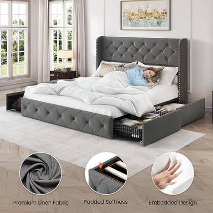 LARMACE Queen Size Platform Bed Frame with 4 Storage Drawers and 47.2" Tall Tufted Headboard Linen Upholstered Bed Wingback Bed Frame with Wooden Slats Support, Easy Assembly, Light Grey