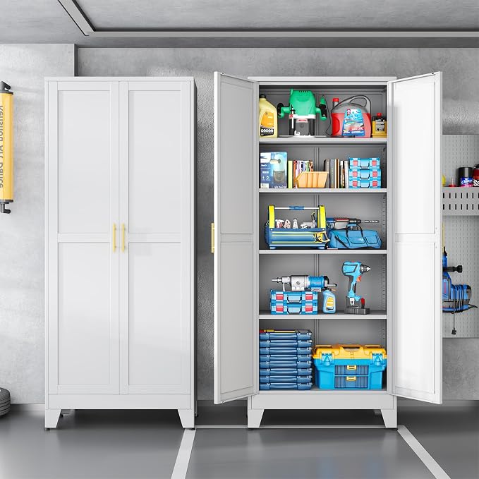 White Metal Storage Cabinet,75" Steel Cabinets for Home Office | Kitchen Pantry Storage Cabinet with Doors and 5 Adjustable Shelves, Tool Cabinets, for Office, Home, Garage, School