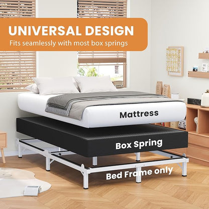 MAF Metal Bed Frame Full, 9-Legs Support Bed Base, 8 Inches Full Bed Frame for Box Spring and Mattress, Basics Bed Frame Headboard Attachable Tool-Free Easy Assembly, White