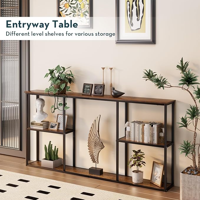 WOHOMO Console Table, 3-Tier Small Entryway Tables, Narrow Sofa Table for Hallway, Rustic Brown (63 inch)