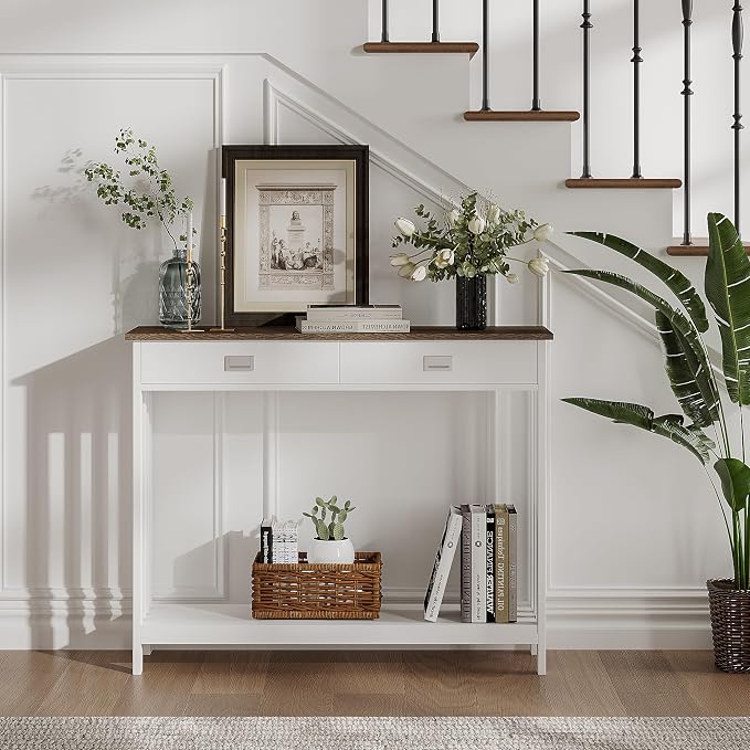 ChooChoo 39" Farmhouse Entryway Table with Drawer, Narrow Console Table with Storage Shelf, Sofa Table for Living Room, Entryway, and Hallway, White and Brown