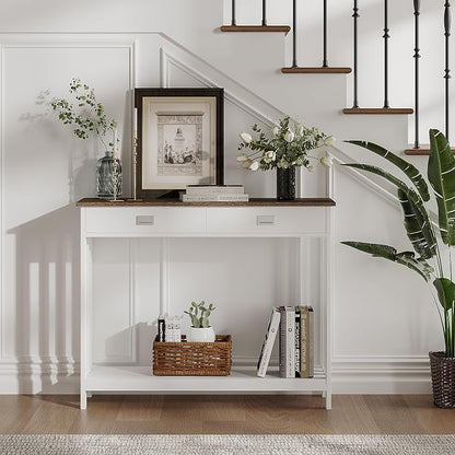 ChooChoo 39" Farmhouse Entryway Table with Drawer, Narrow Console Table with Storage Shelf, Sofa Table for Living Room, Entryway, and Hallway, White and Brown