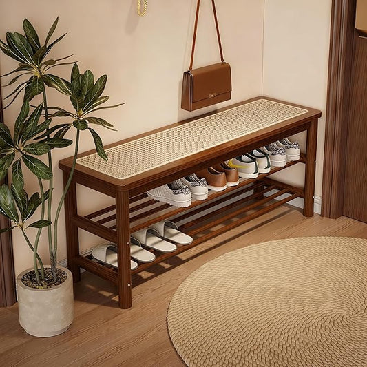 SOBIBO Bamboo Shoe Rack Bench with Rattan Seat, 3-Tier Shoe Storage Bench, Entryway Bench for Hallway,Walnut 39.4 inches