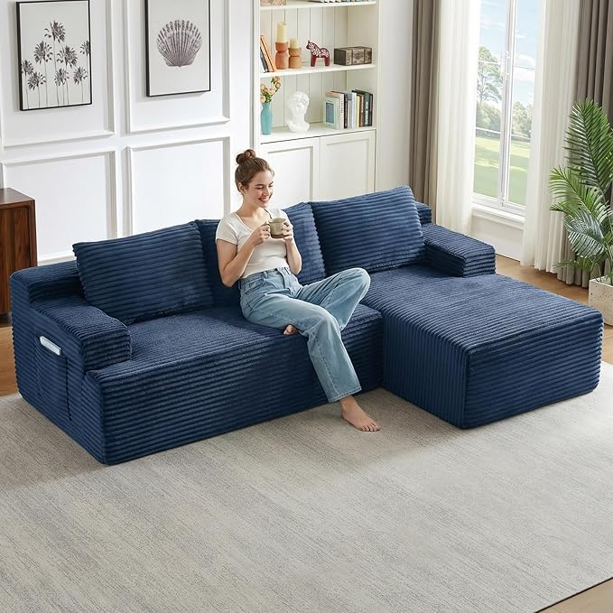 96" Cloud Sectional Couch with L-Shape Chaise, Modular Comfy Sofa Chaise Longue, Upholstered Corduroy Couches Sleeper with Deep Seat for Living Room Bedroom, No Assembly Required(Blue, Right Facing)