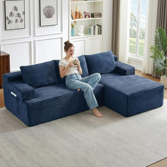 96" Cloud Sectional Couch with L-Shape Chaise, Modular Comfy Sofa Chaise Longue, Upholstered Corduroy Couches Sleeper with Deep Seat for Living Room Bedroom, No Assembly Required(Blue, Right Facing)