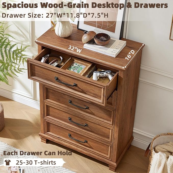 SAVOR LIFE Farmhouse 5 Drawer Dresser for Bedroom, 45” Tall Dressers & Chests of Drawers with Thickened Tabletop & Square Table Legs, Brown