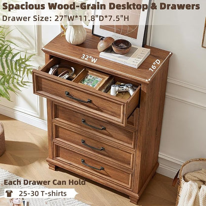 SAVOR LIFE Farmhouse 5 Drawer Dresser for Bedroom, 45” Tall Dressers & Chests of Drawers with Thickened Tabletop & Square Table Legs, Brown
