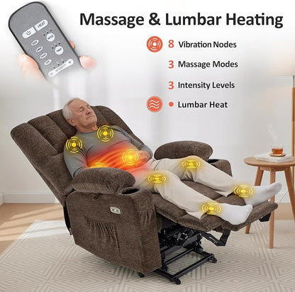 MCombo Power Lift Recliner Chair for Elderly, Lift Chair with Heat and Massage, USB &Type C Ports, Cup Holders, Fabric 7095 (Medium, Mocha)