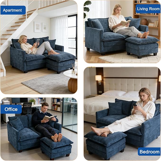 50'' L-Shape Loveseat Sofa with 22" Ottoman, 2 Seat Modern Cloud Couch with 2 Washable Pillows for Small Space Apartment Office Living Room Bedroom, Blue