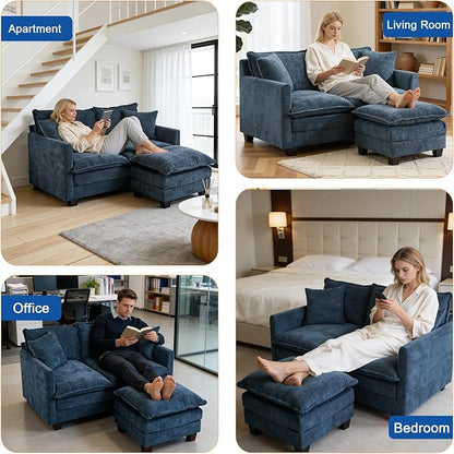 50'' L-Shape Loveseat Sofa with 22" Ottoman, 2 Seat Modern Cloud Couch with 2 Washable Pillows for Small Space Apartment Office Living Room Bedroom, Blue