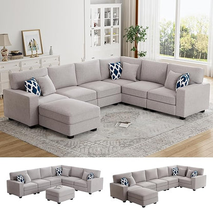 Legend Vansen Oversized Modular Sectional Sofa,U/L‑Shaped Reversible Couch with Ottoman,Deep Seat Plush Polyester Sofa for Living Room,7‑Seater,Light Grey