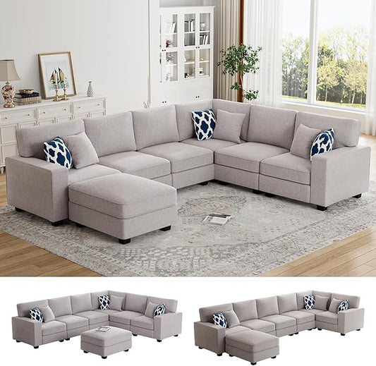 Legend Vansen Oversized Modular Sectional Sofa,U/L‑Shaped Reversible Couch with Ottoman,Deep Seat Plush Polyester Sofa for Living Room,7‑Seater,Light Grey