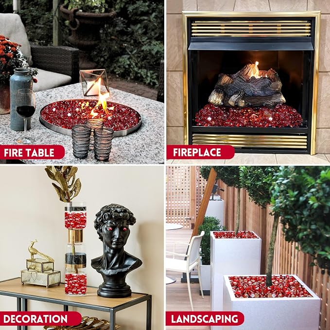 GasSaf Red Fire Glass Beads for Outdoor Fire Pit, Fireplace, Replaces Existing Gas Logs & Lava Rocks, 3/4 Inch Glass(20 Pound)(Red Luster)