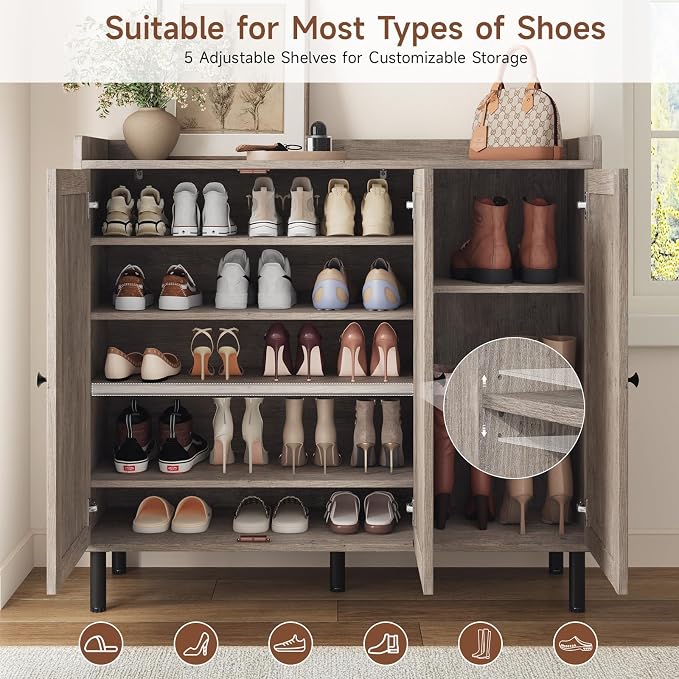 5+2 Tier Shoe Storage Cabinet with 3 Doors, 40" Tall Entryway Cabinet for 30 Pairs Shoe, Shoe Rack Organizer with 5 Adjustable Shelves & Metal Legs, Shoe Storage for Front Door Entrance, Washed Gray