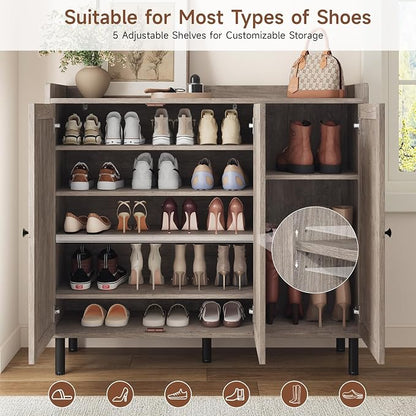 5+2 Tier Shoe Storage Cabinet with 3 Doors, 40" Tall Entryway Cabinet for 30 Pairs Shoe, Shoe Rack Organizer with 5 Adjustable Shelves & Metal Legs, Shoe Storage for Front Door Entrance, Washed Gray