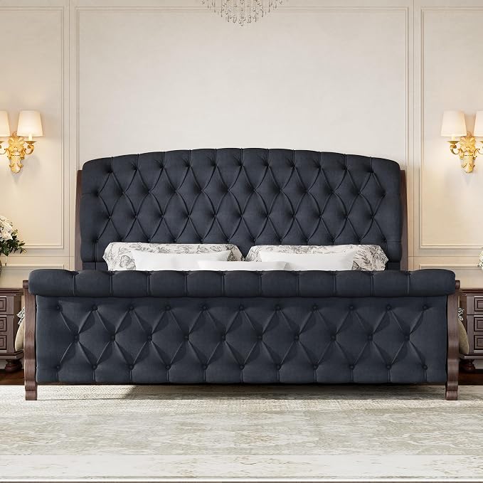 AMERLIFE Upholstered Queen Bed Frame, 53" Tall Sleigh Bed with Button Tufted Chenille Headboard and Footboard, Platform Bed with Carved Solid Wood Legs, No Box Spring Needed, Black