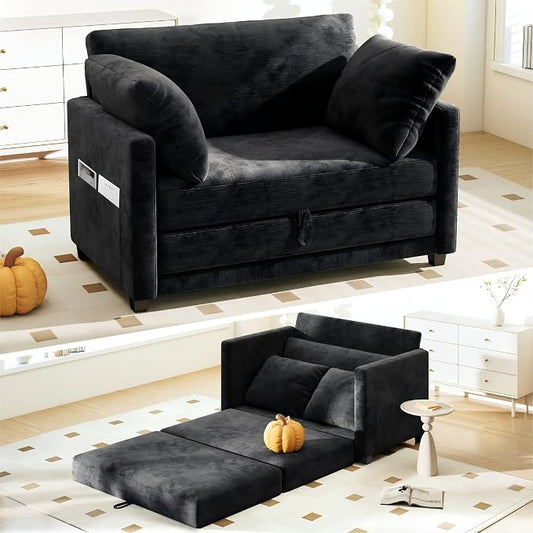 Myroyalsit 51" Convertible Loveseat Sofa Bed, 2-in-1 Folding Sofa Bed with 2 Pillow for Small Spaces, Modern Loveseat Sleeper Couch for Apartment, Living Room & Guest Room (Chenille Black, 51 inch)