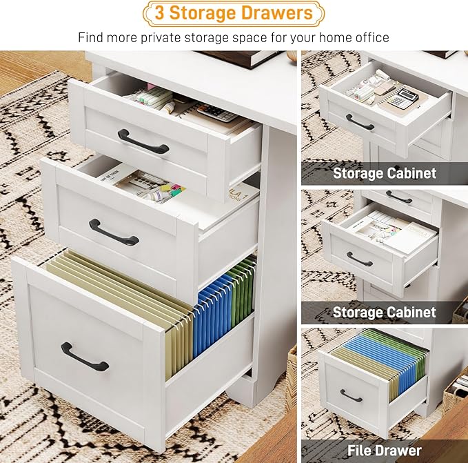 Halitaa 59" L Shaped Executive Desk, Farmhouse Home Office Desk with File Drawer,Storage Cabinet, Wood Corner Sturdy Writing Workstation.Cream White