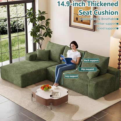 95" Modular Sectional Couch, Boneless L Shaped Cloud Sofa with Chaise Lounge, Corduroy Upholstered Couches Memory Foam Deep Seat, No Assembly Required, Ideal for Living Room(Green, Left Facing)