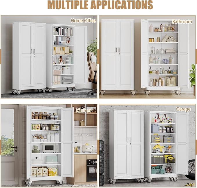 75" H Metal Pantry Storage Cabinet with Wheels,Rolling Kitchen Pantry Cabinet with 2 Doors and 5 Adjustable Shelves, Locker Steel Cabinet,Organization Cabinet for Garage,Home,Gym,School,White
