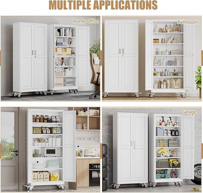 75" H Metal Pantry Storage Cabinet with Wheels,Rolling Kitchen Pantry Cabinet with 2 Doors and 5 Adjustable Shelves, Locker Steel Cabinet,Organization Cabinet for Garage,Home,Gym,School,White