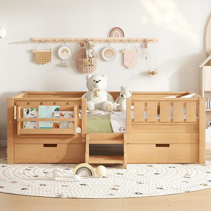 Bellemave Twin Floor Bed with Stairs, Rails and Slats, Twin Size Montessori Floor Bed with Bookshelf and 2 Storage Drawers, Easy Assemble Montessori Beds Frame for Girls, Boys, Deep Natural