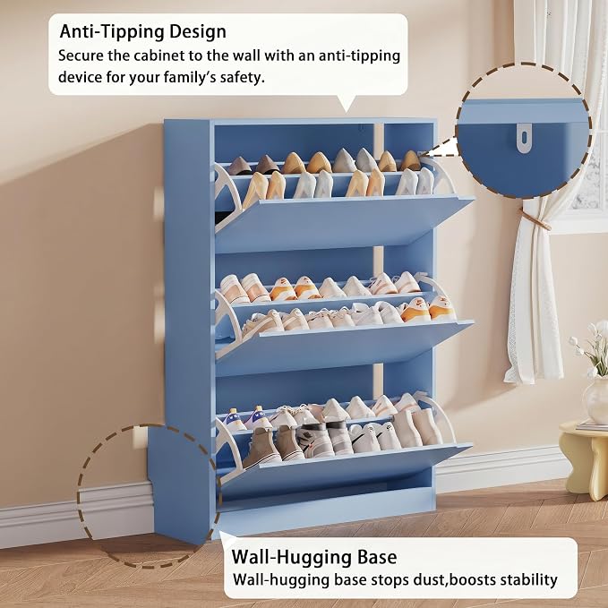 Shoe Storage Cabinet, Wood Shoe Organizer for Entryway with 3 Flip Drawers, Freestanding Shoe Rack with Adjustable Shelf, Narrow Shoe Dresser for Front Door Entrance (Blue, Standard 3 Drawers)
