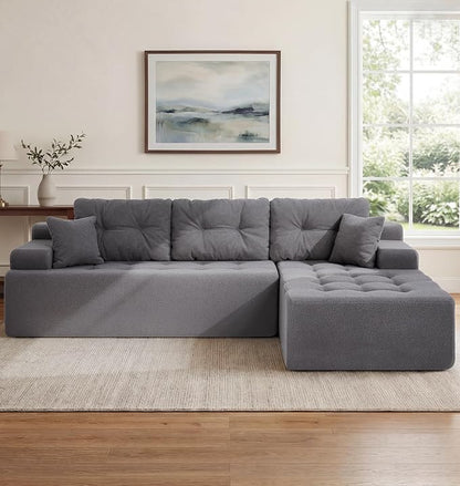 Hobestluk Modular Sectional Sofa Couches L-Shape Couch 3 Seat Modular Sofa Memory Foam Sectional Couches for Living Room, Cloud Couch with Oversized Chaise (Grey Tufted, 108", Right Hand Facing)