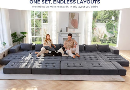 MAXYOYO Modular Sectional Sofa Couch, Foldable Oversized U Shaped Cloud Couch with Pillows, Tufted Boneless Lounger Floor Sofa Bed for Living Room, No Assembly Required, Dark Grey